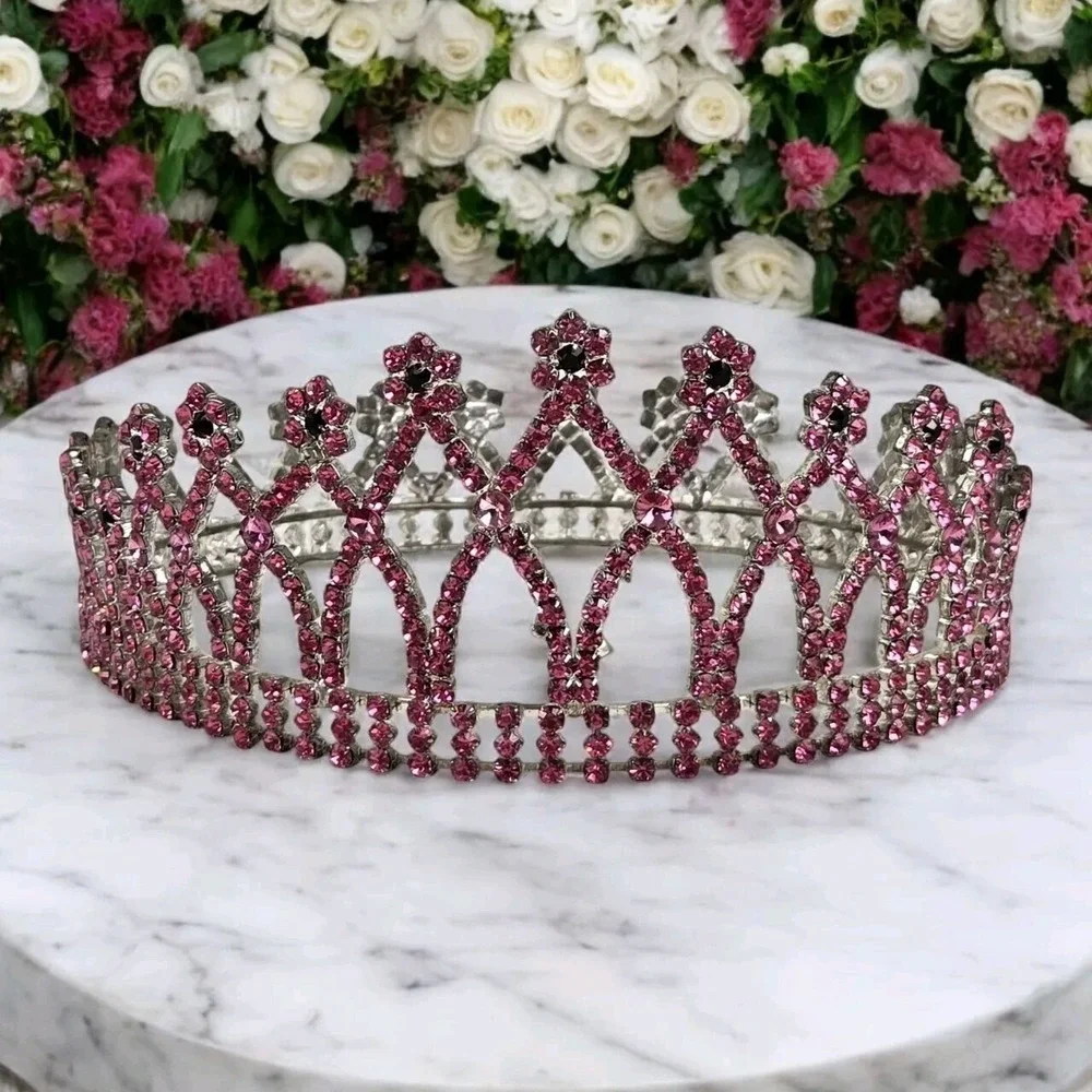 VTG Pink Black Rhinestone Crown Bridal Pageant Princess Cosplay 4 Prong Holders